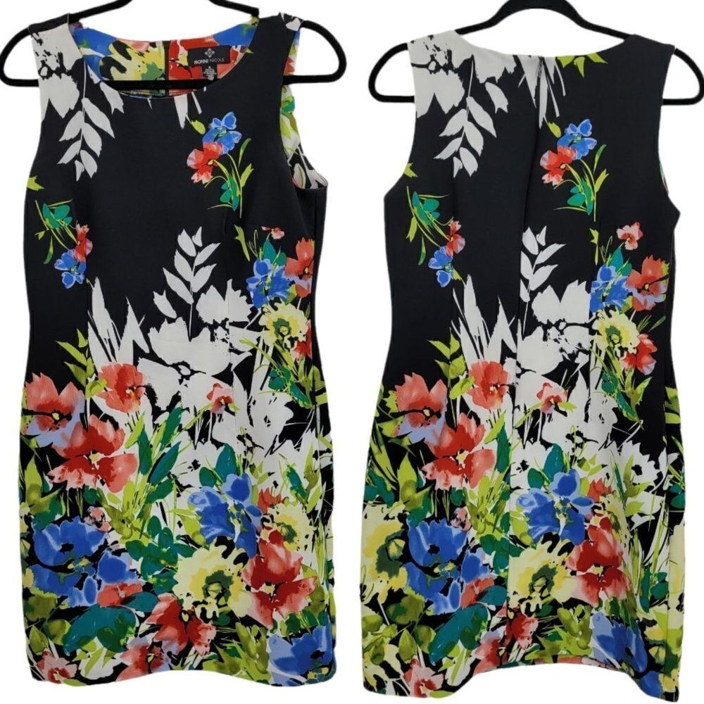 Ronni Nicole Dress Womens 8 Sleeveless Waterfall Vibrant Floral Tea Length Shift